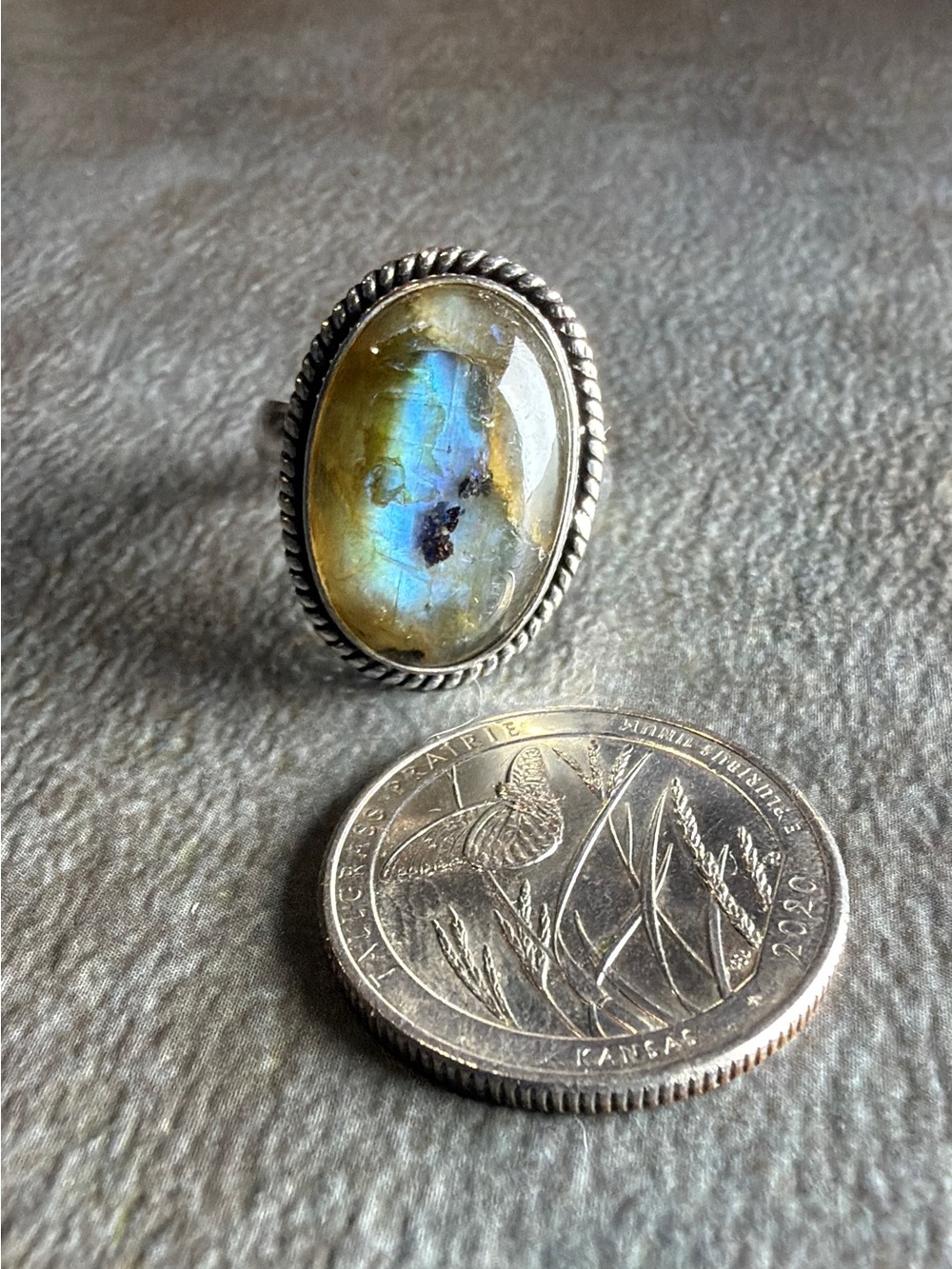 Vintage Boho Style Jewelry Labradorite Statement Ring Size 9 Silver 925 Overlay - Picture 2 of 4